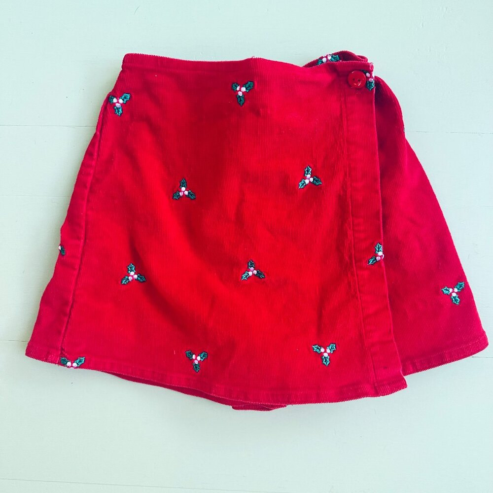 Hartstrings Girls Size 5 Christmas Skort Red Corduroy Holly Embroidered